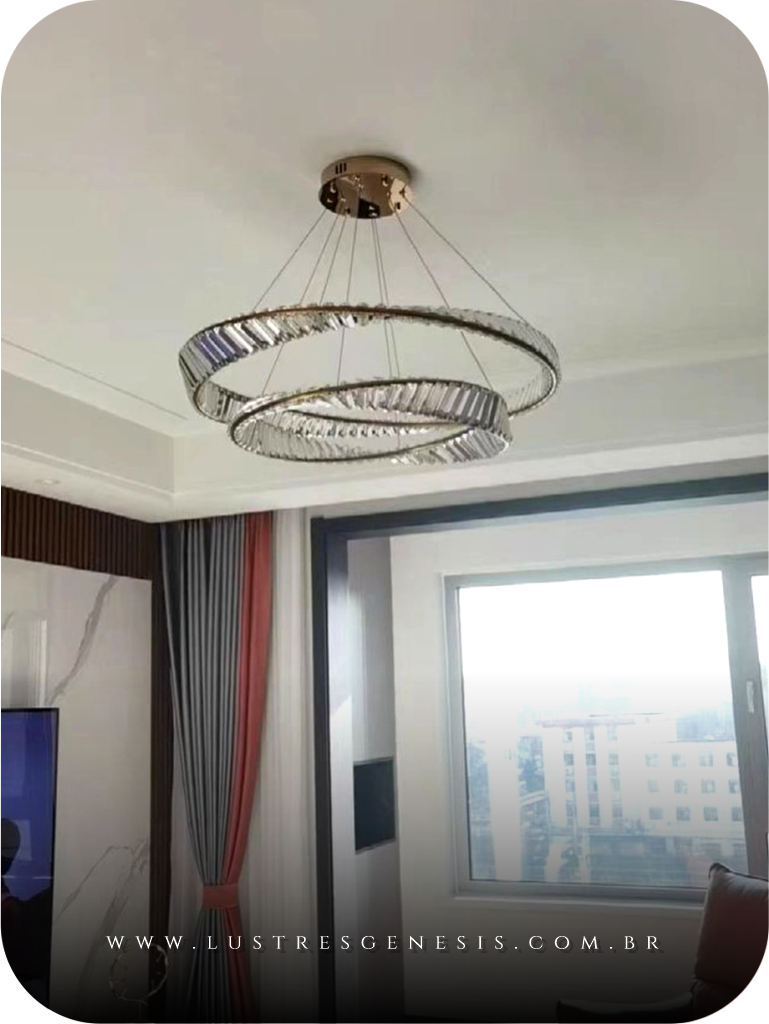 Lustre Pendente de cristal Aliança 2 anéis 80x60cm Dourado para Quartos, Sala de Jantar e Sala de Estar - Sindora • DCD00789